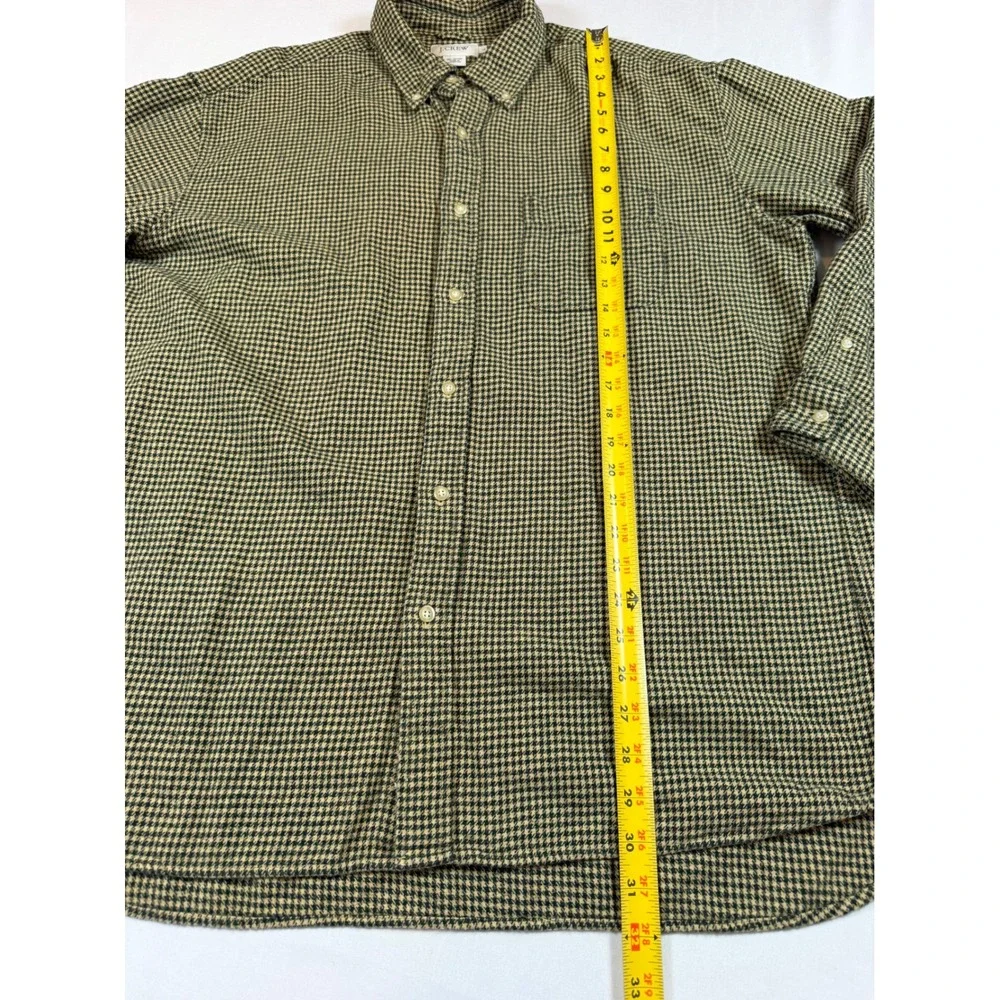 J Crew Vtg Men Large Green Houndstooth Cotton Button Flannel Shirt Long Sleeve L
